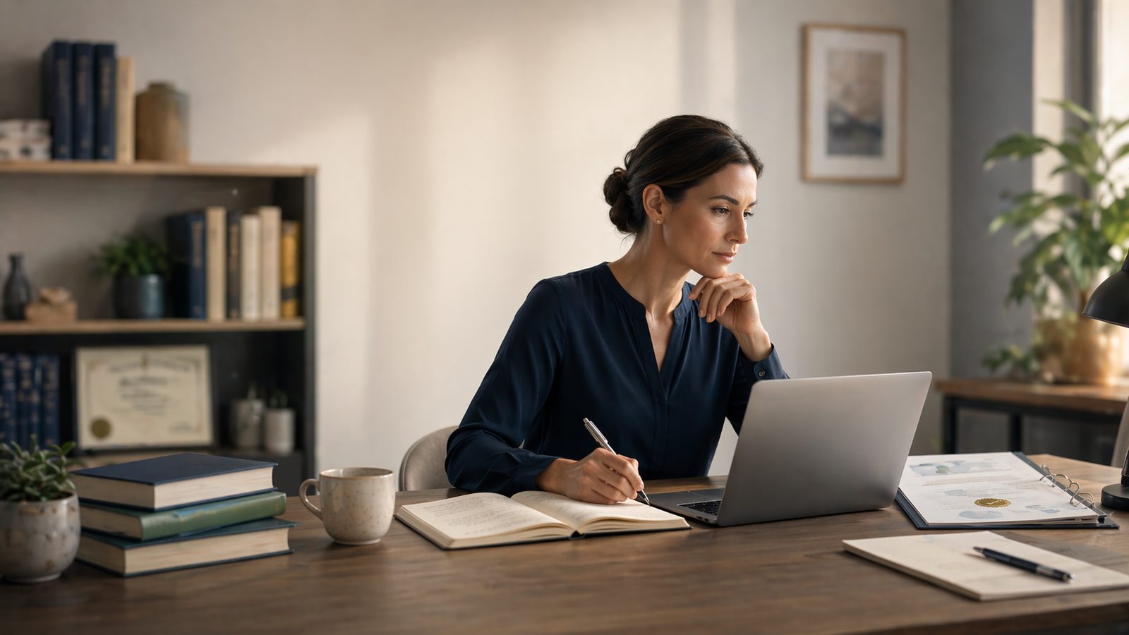 A professional working at a desk with a laptop, an open notebook, reference books, and a framed credential on the shelf behind her.